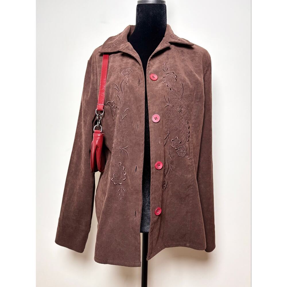 Vtg 90s Koret Brown Faux Suede Tailored Jacket Boho Floral Embroidery